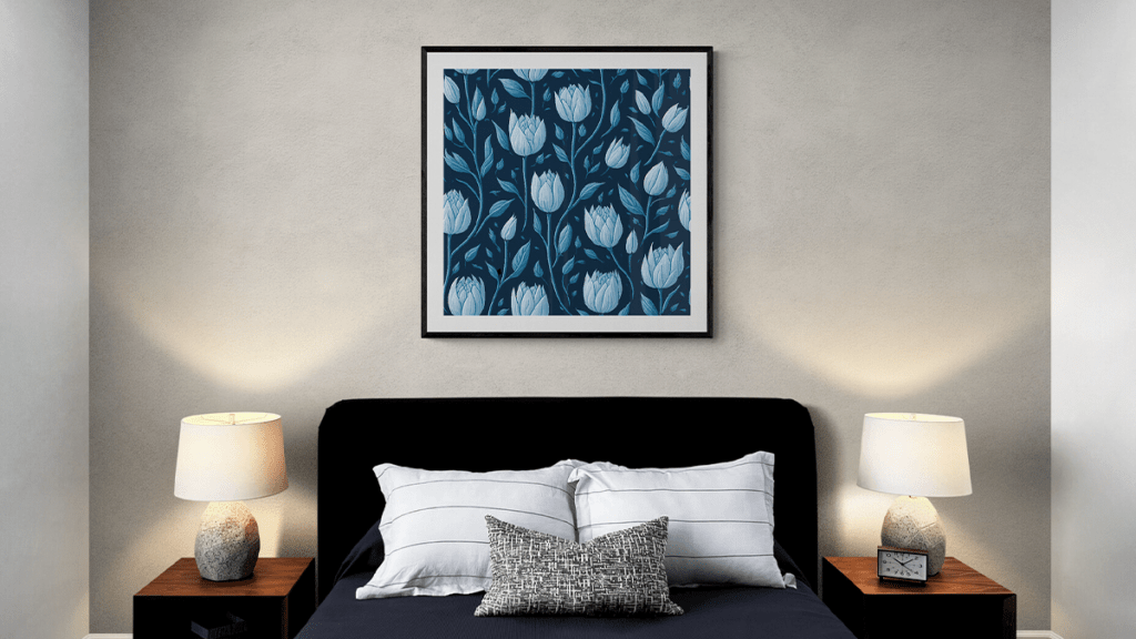 Society6 Wall Art - White Tulips Flowers Seamless Pattern on Blue Background