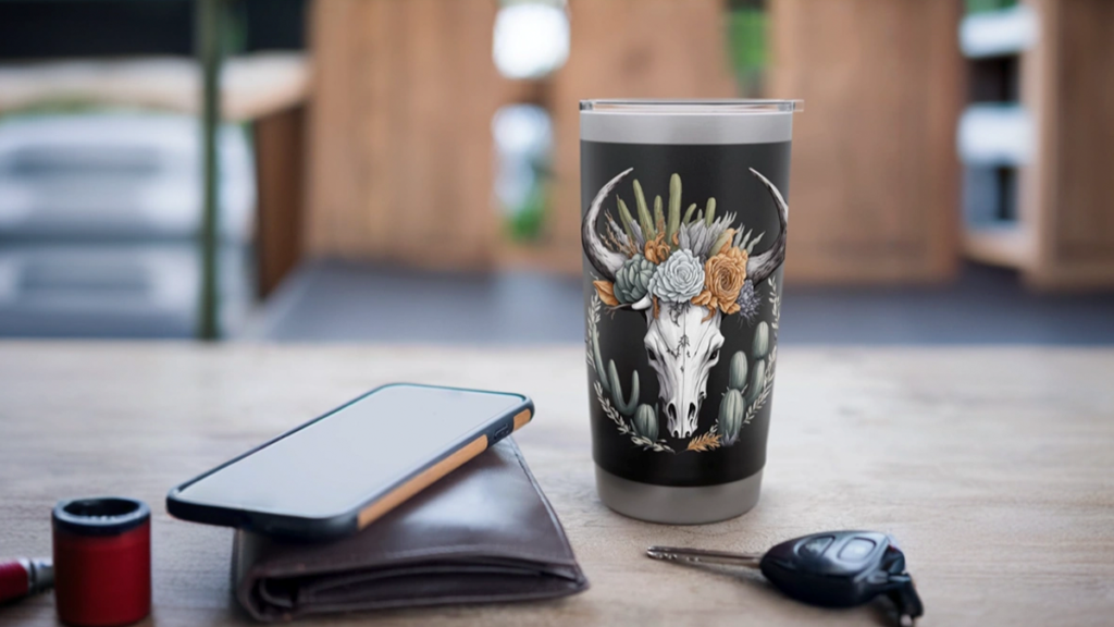 a cup with a skull and flowers on it next to a cell phone